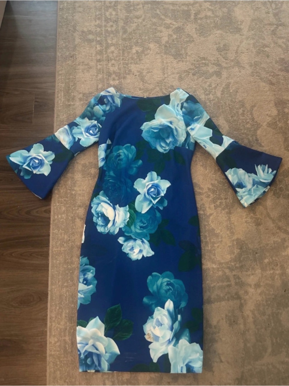 Calvin Klein Royal Blue Floral Bell-Sleeve Midi Dress